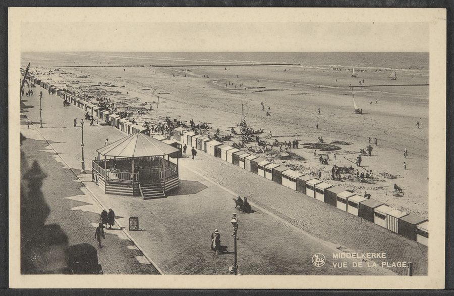 Historic view of Middelkerke beach with bathers on the shoreline.