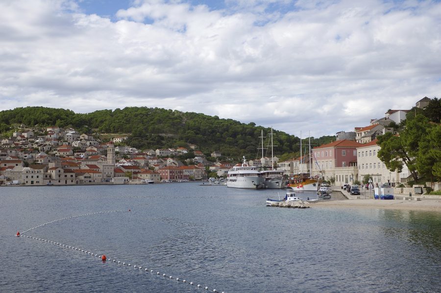 Harbour of Pučišća on the island of Brač with houses by the water