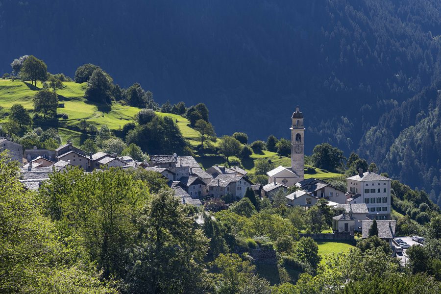 Historic village scene of Soglio in the Bergell with tightly packed houses