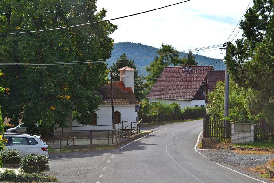 Village square with chapel in Lukov in Okres Teplice