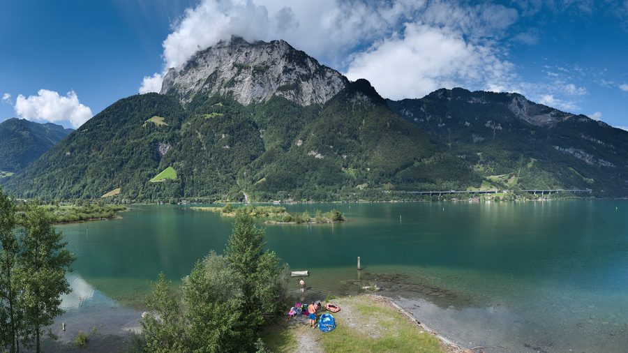 Artificial islands in Lake Lucerne near Flüelen