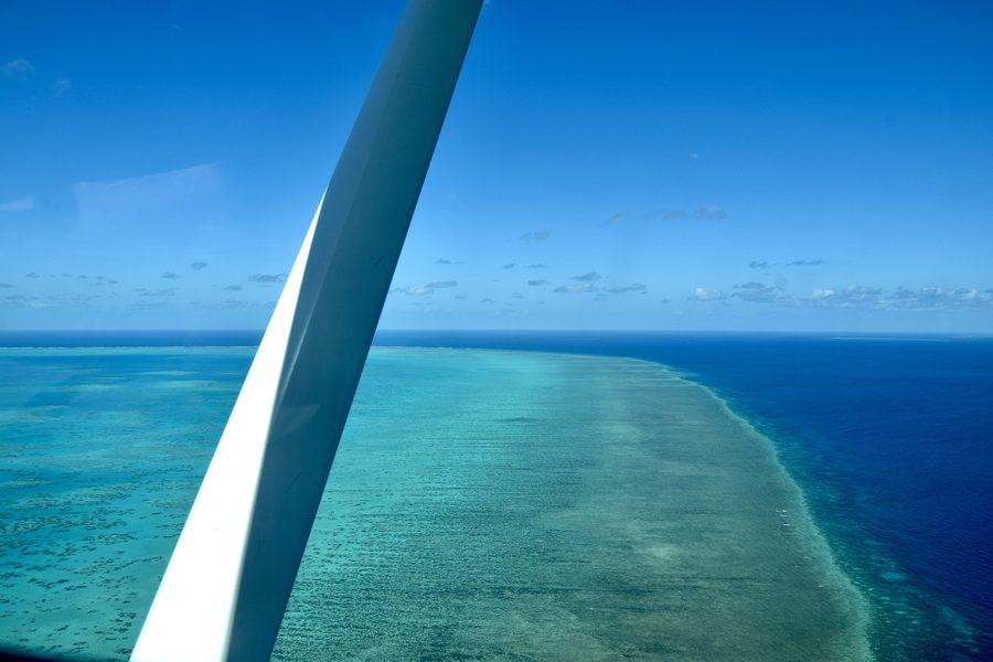 Aerial view of coral formations in the Great Barrier Reef off Queensland.