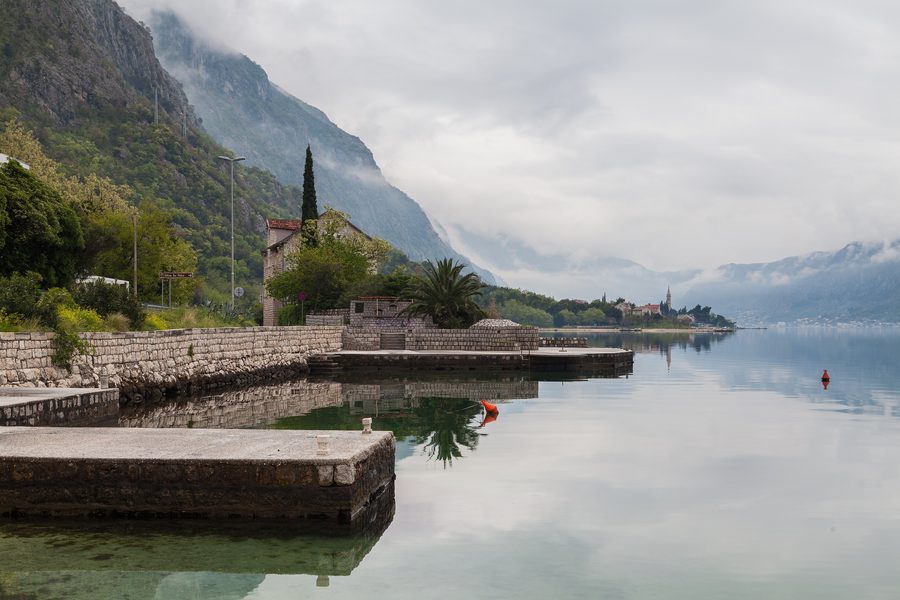 Bay of Kotor with steep mountains and settlements on the shore