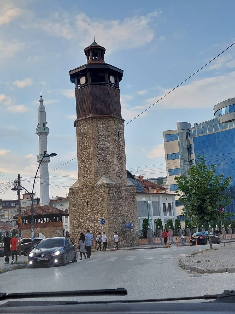 Clock tower of Gostivar with the Clock Mosque in the background