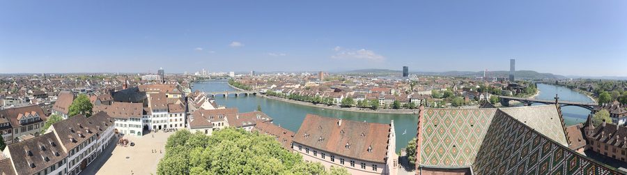 View from Basel Minster toward MĂĽnsterplatz, the Rhine, and Basel