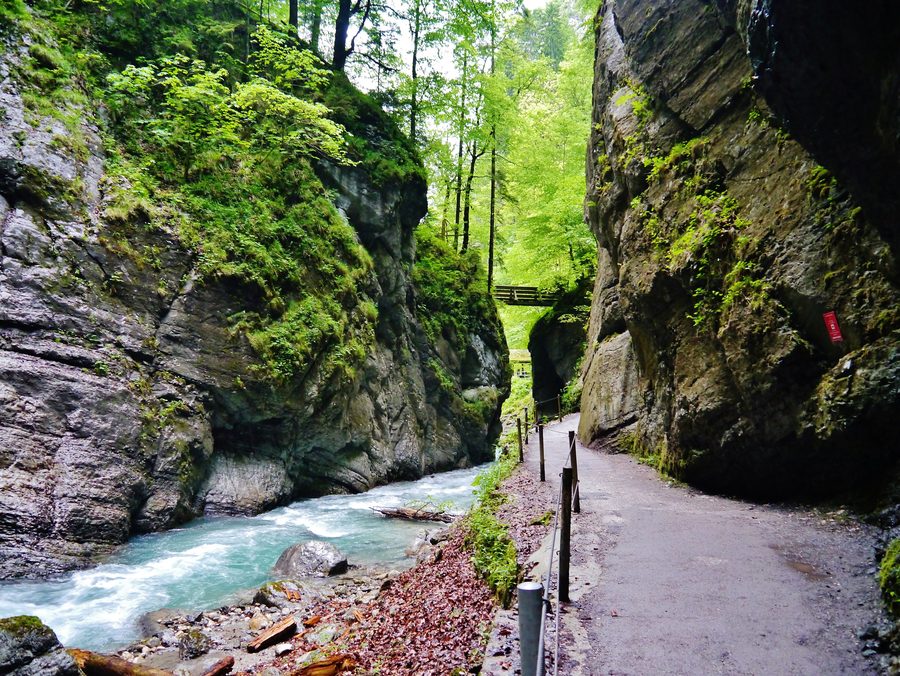 Rock walls and flowing water in the Partnach Gorge near Garmisch-Partenkirchen