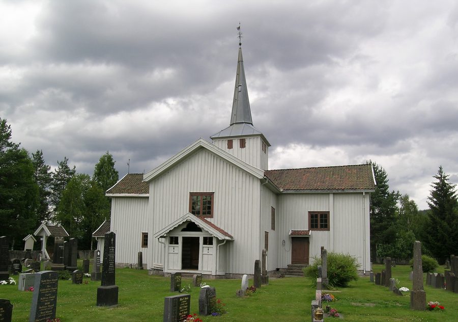 Exterior view of the wooden Svene kirke in Flesberg, Norway