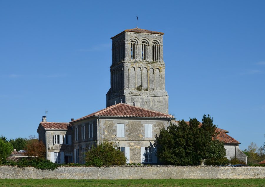 Church tower of Thézac, seen from departmental road D138