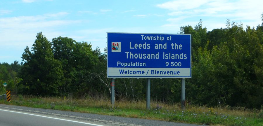 Scenery on the St. Lawrence River in Leeds and the Thousand Islands with islands and a wooded shoreline