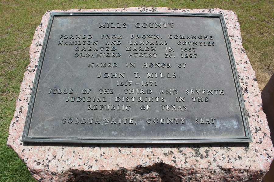 Historical marker of Mills County in Goldthwaite, Texas