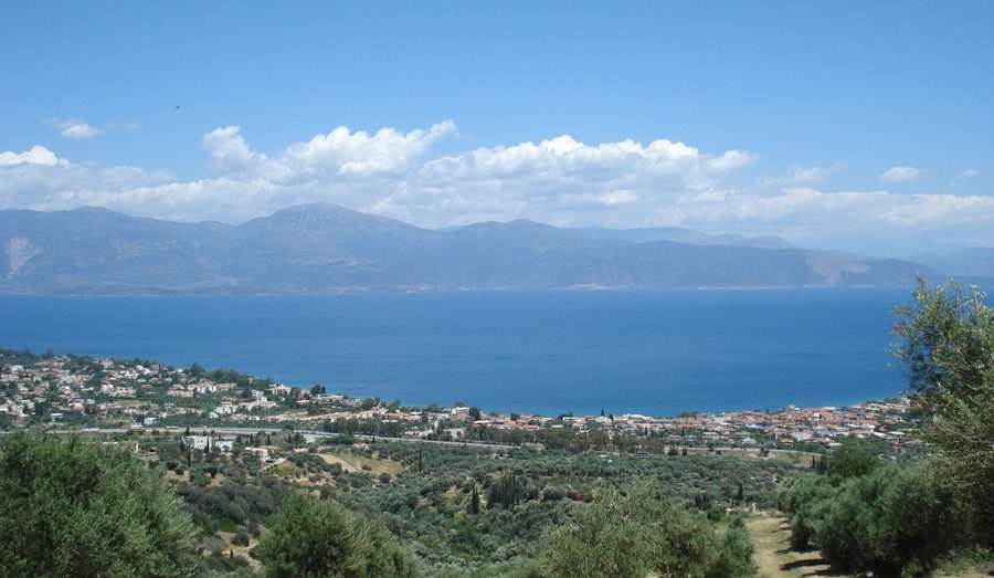 Panoramic view of Selianítika and Longos on the Gulf of Corinth