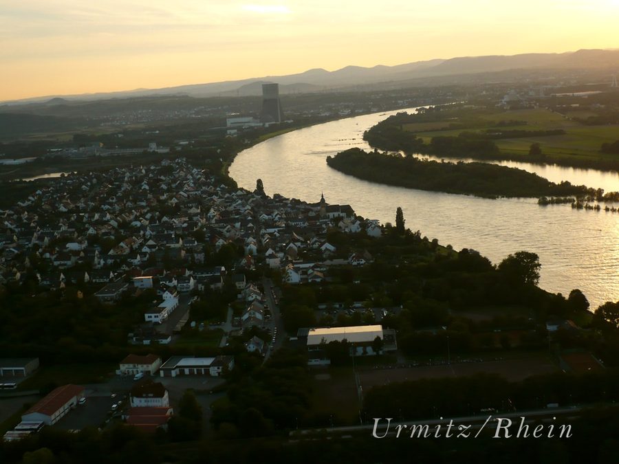 Aerial view of Urmitz on the Rhine with the river island Urmitzer Werth