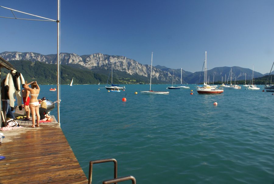 Shore of Lake Attersee near Nußdorf am Attersee with a view across the lake