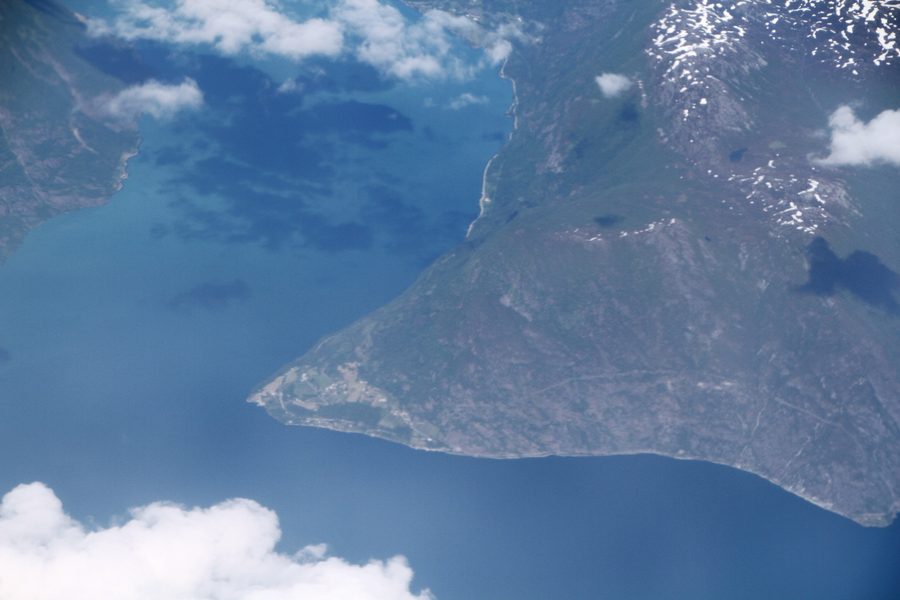 Aerial view of the Ornes peninsula on the Lustrafjord in Norway