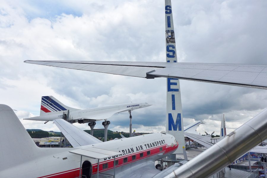 View of the supersonic aircraft on the roof of Technik Museum Sinsheim.