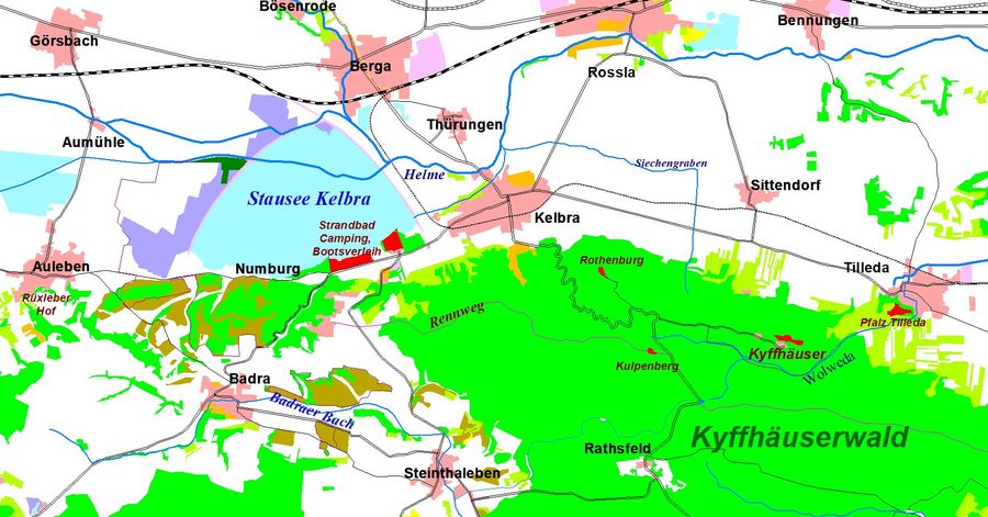 Kelbra with surroundings, the Helme reservoir and the northwestern part of the Kyffhäuser Hills