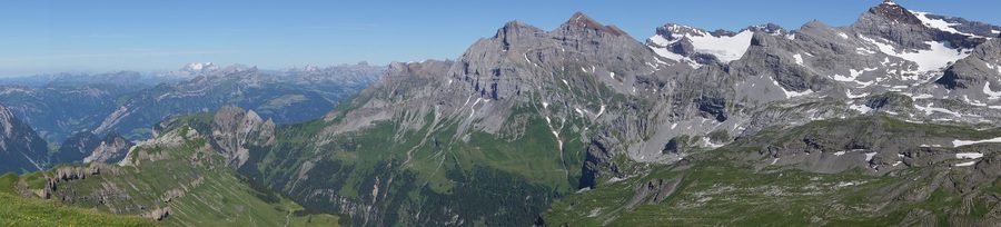 Panorama from Chaiserstuel over the Grosstal above Isenthal with the Uri Rotstock in the Uri Alps