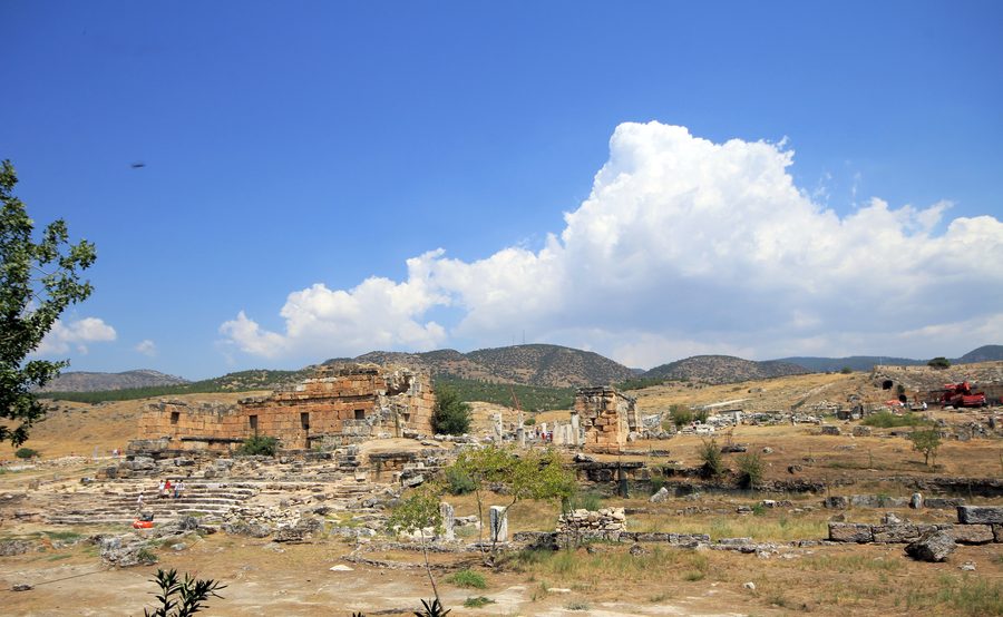 Ancient Roman ruins of Hierapolis beside the travertine terraces of Pamukkale near Denizli