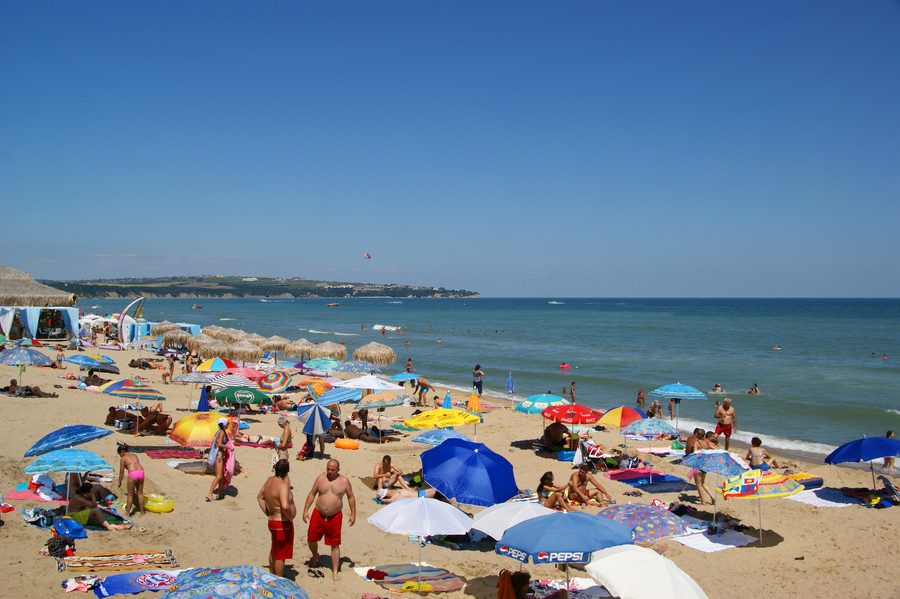 Sandy beach of Obzor on Bulgaria’s Black Sea coast with a view toward Byala