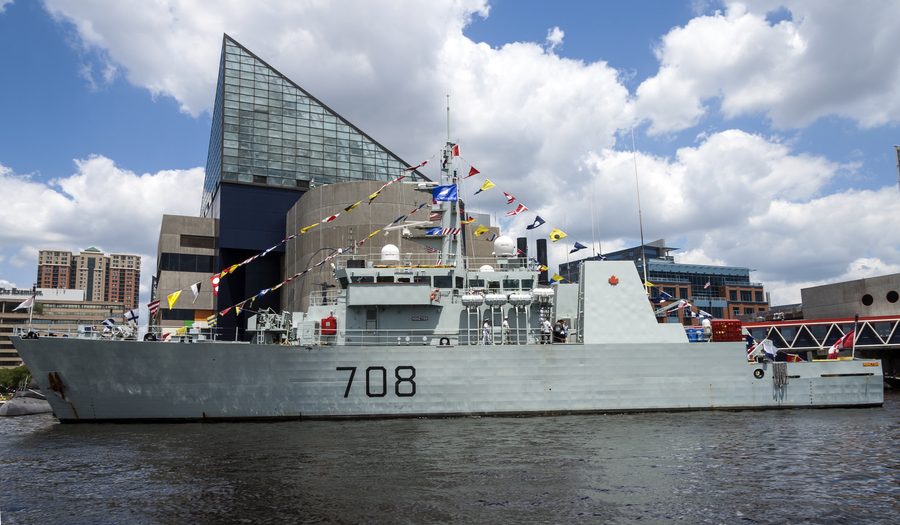 Ship in Baltimore’s Inner Harbor with the National Aquarium in the background