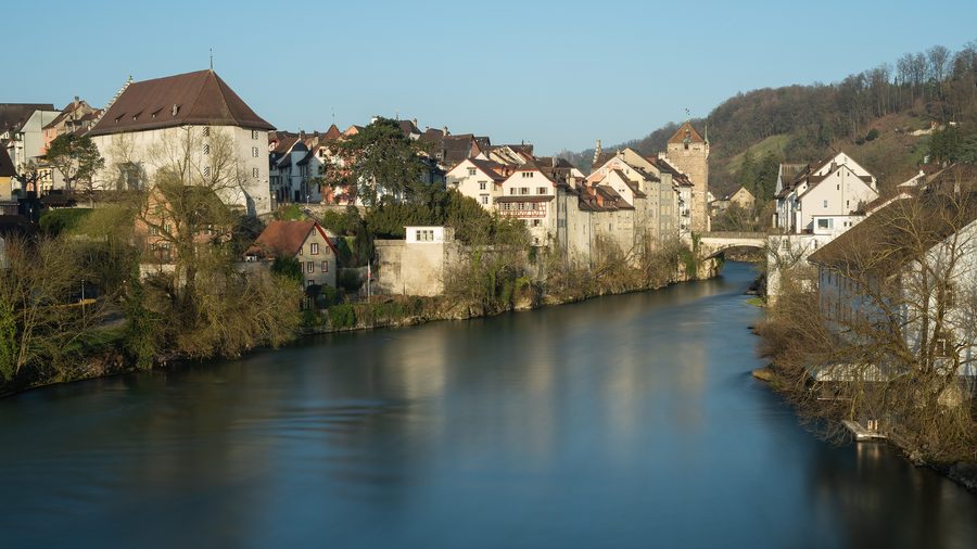 View from the Casinobrücke bridge toward the old town of Brugg on the Aare