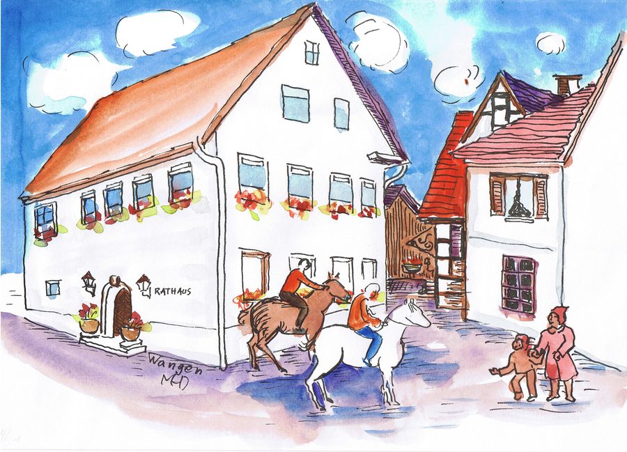 Artistic depiction of Wangen near Göppingen with horses