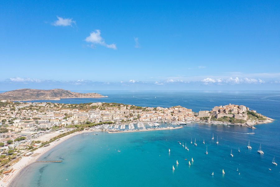 Aerial view of the harbor and citadel of Calvi on Corsica