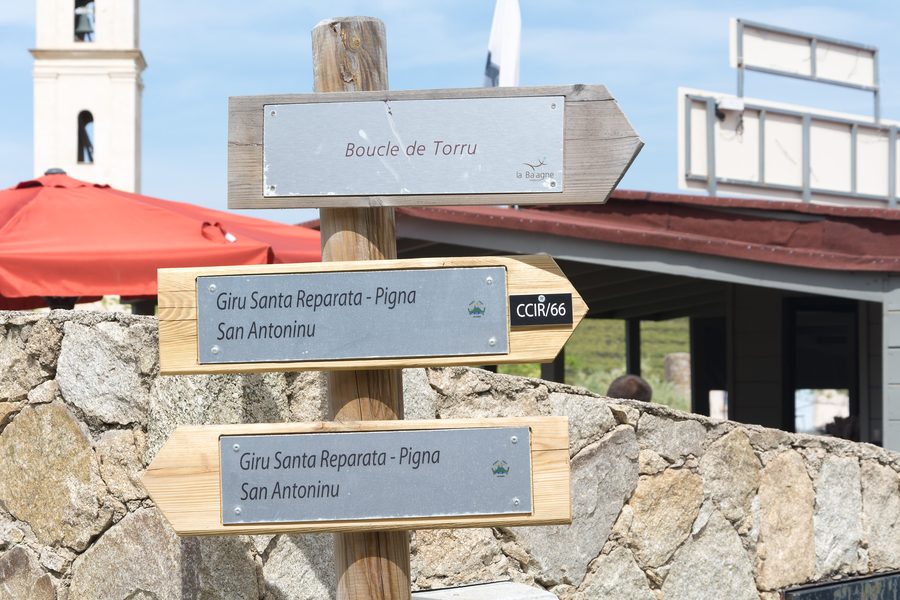 Footpath signs on walking routes around Sant'Antonino in Corsica