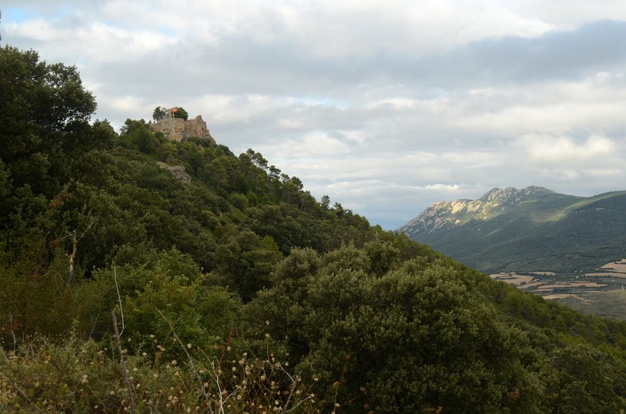 Castle of San Esteban de Deyo on the summit of Mount MonjardÃn, with Montejurra in the background