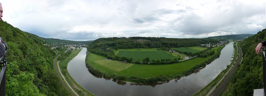 Panoramic view from the Weser Skywalk near Würgassen over the Weser valley with Beverungen and Herstelle