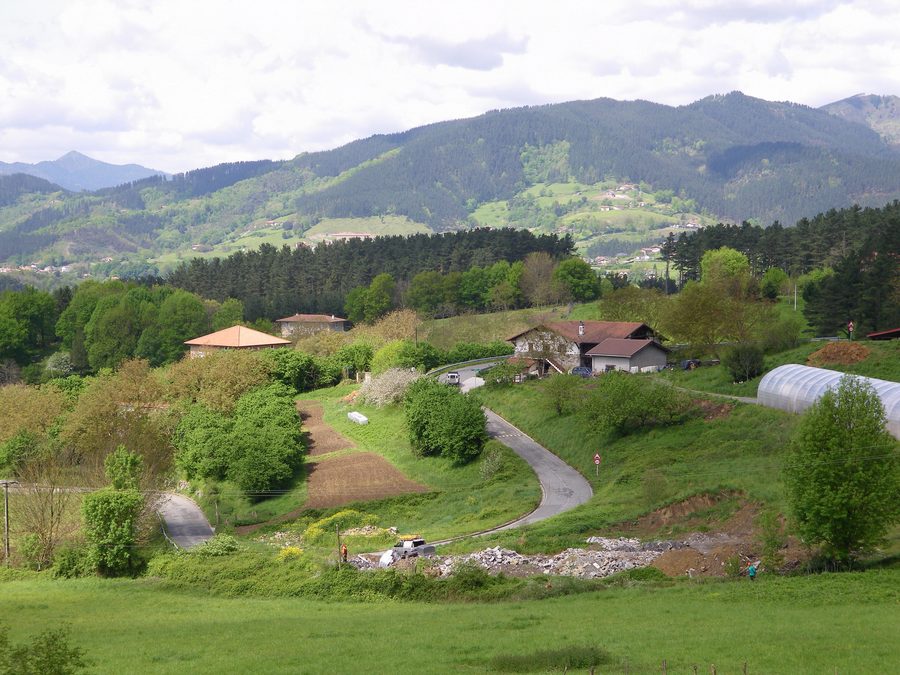 Rural landscape with farmhouses, trees, and meadows in Igorre, Bizkaia