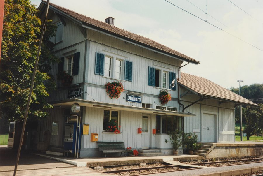 Dinhard station with station building and goods shed from the track side
