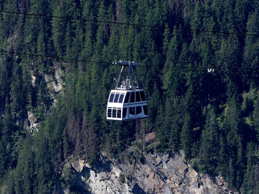 Summer view from Vallandry of a cabin of the Vanoise Express cable car in Savoie