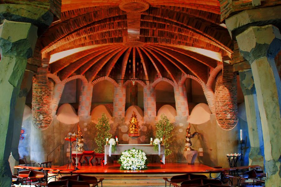 Interior of the Crypt of Colònia Güell in Santa Coloma de Cervelló, with the central altar designed by Josep Maria Jujol