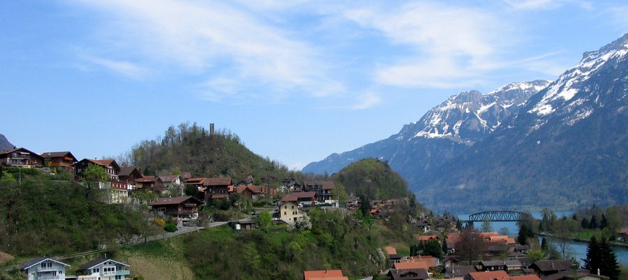 View of the village of Goldswil and the alpine landscape of the Bödeli near Interlaken