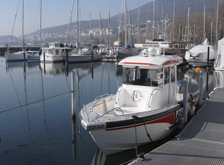 Port of Saint-Blaise on Lake Neuchâtel with a rescue boat