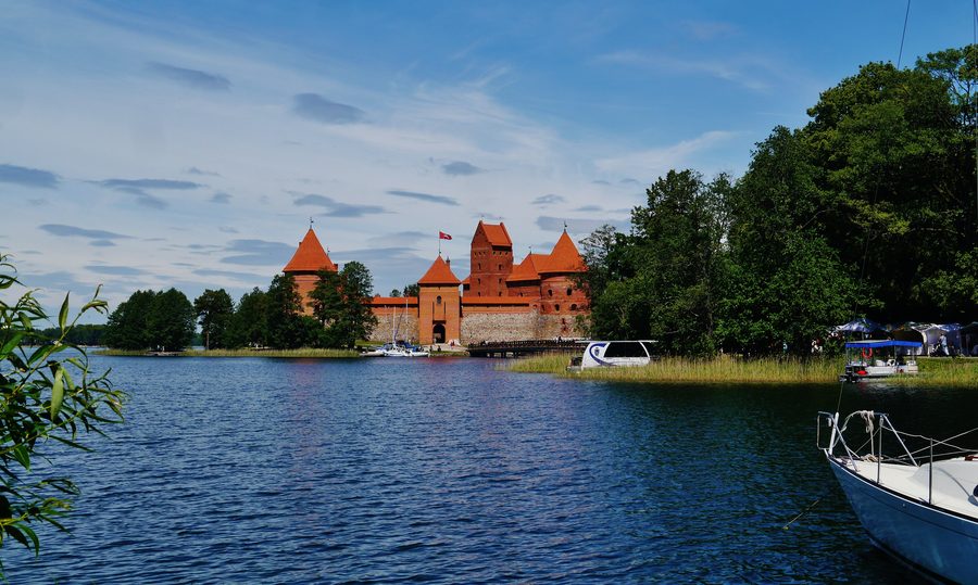 Trakai Island Castle rising from the water in Trakai, Lithuania.