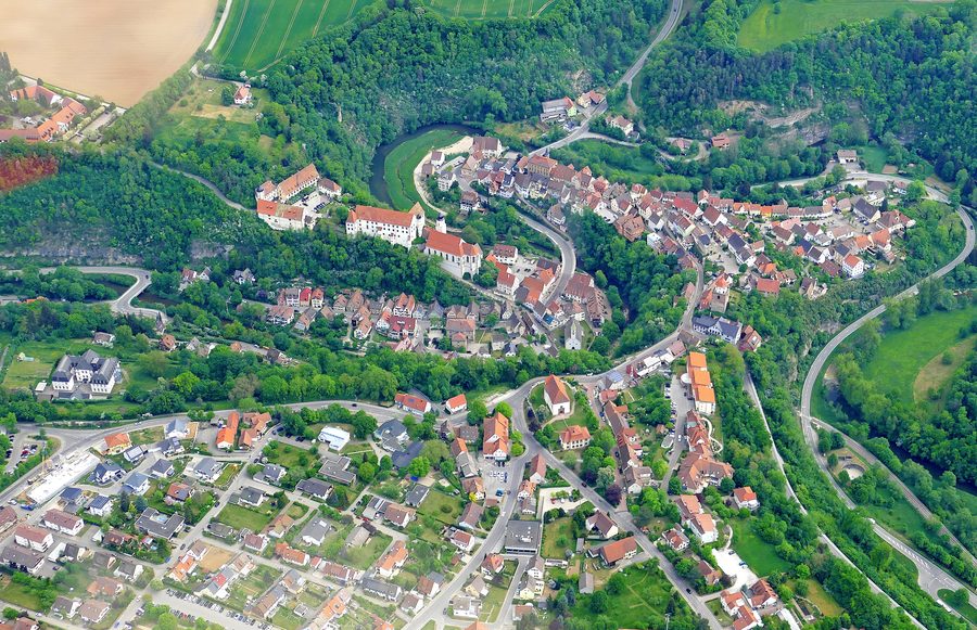 Aerial view of the center of Haigerloch in the Eyach Valley