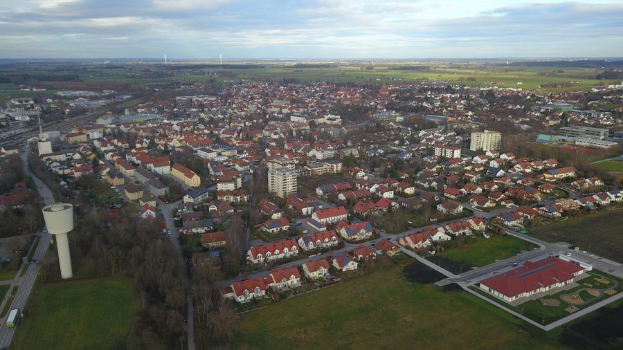 Aerial view of Buchloe with the distinctive water tower