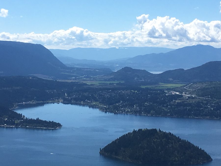 View from Hlina Lookout near Scotch Creek over Shuswap Lake with Copper Island in the foreground