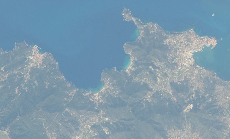 View from the air of Scaglieri and the bay of Biodola on Elba