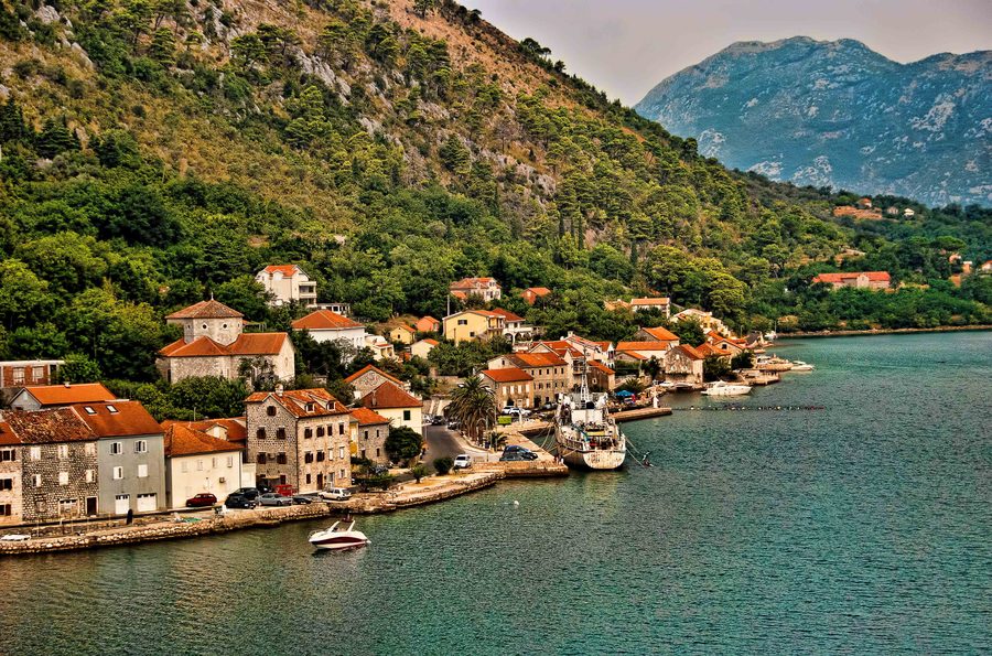 Waterfront promenade and coastal landscape near Dobrota in Montenegro