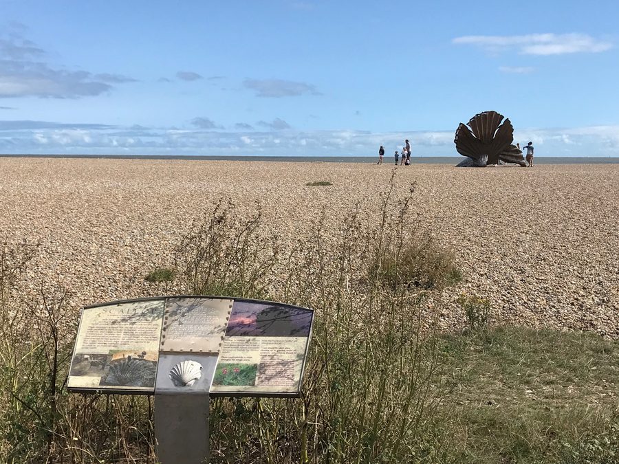 The sculpture The Scallop on the shingle beach near Aldeburgh