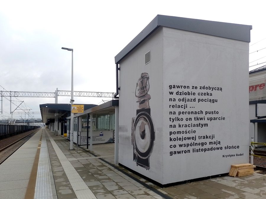 Shaft of a lift at the railway station in Czechowice-Dziedzice covered with a mural of poetry