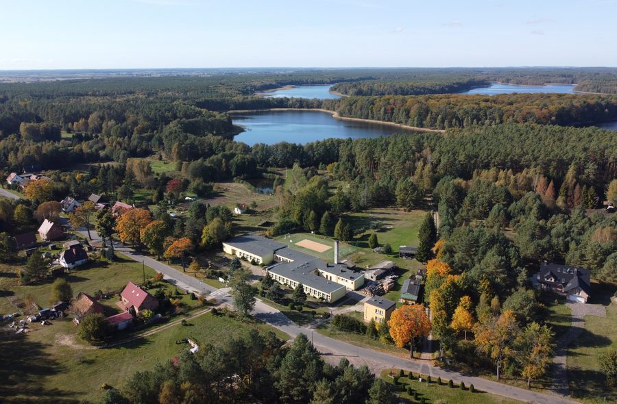 School in the village of Łasko seen from the air from the east