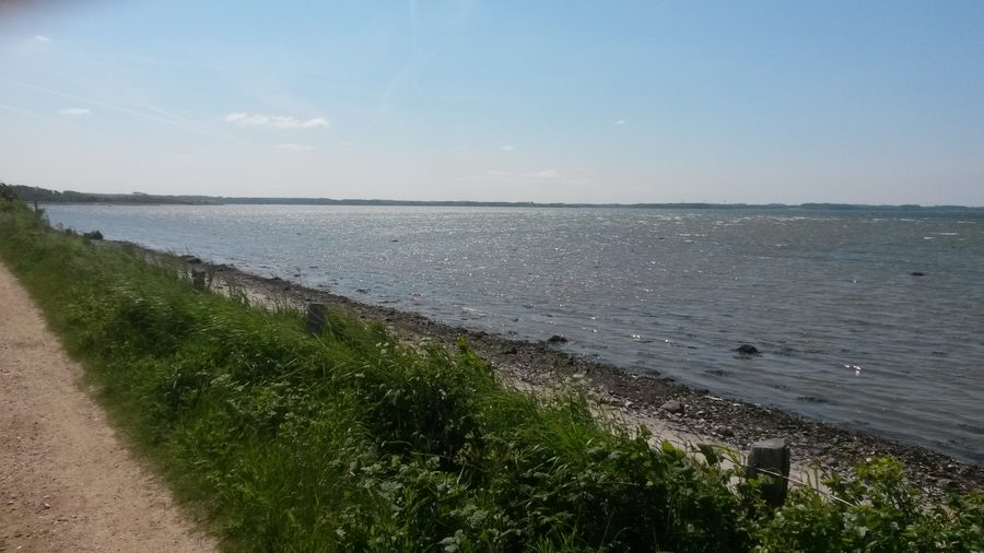 View of Gelting Bay with the Baltic Sea, green coastal landscape, and meadows