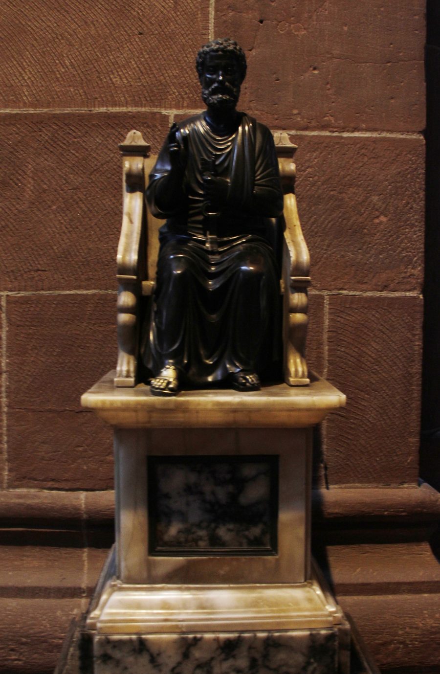 Worms Cathedral with a statue of Saint Peter in Worms