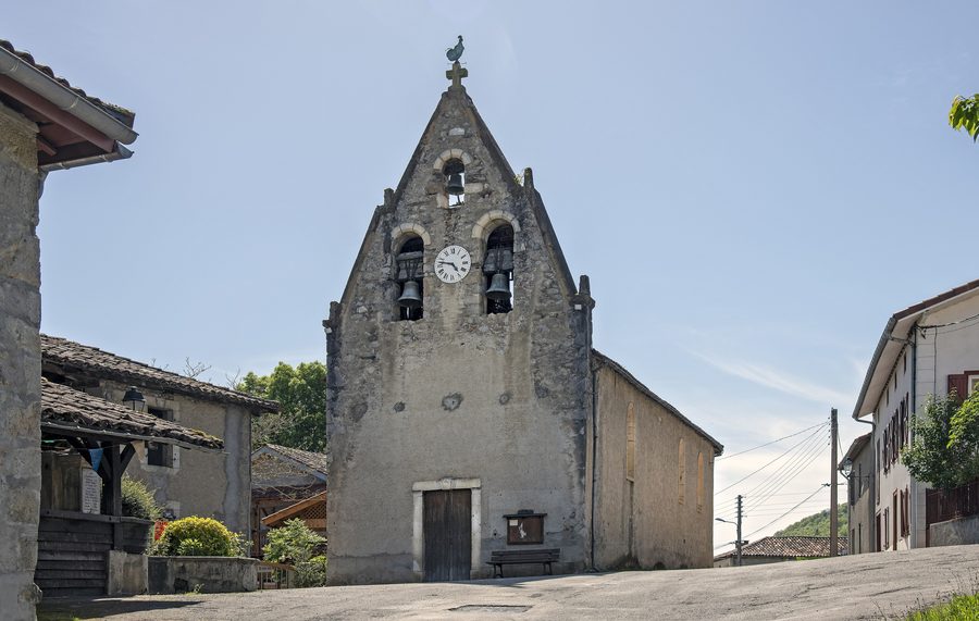 Bell gable of the church of Pujos in the commune of Estadens in the Haute-Garonne department