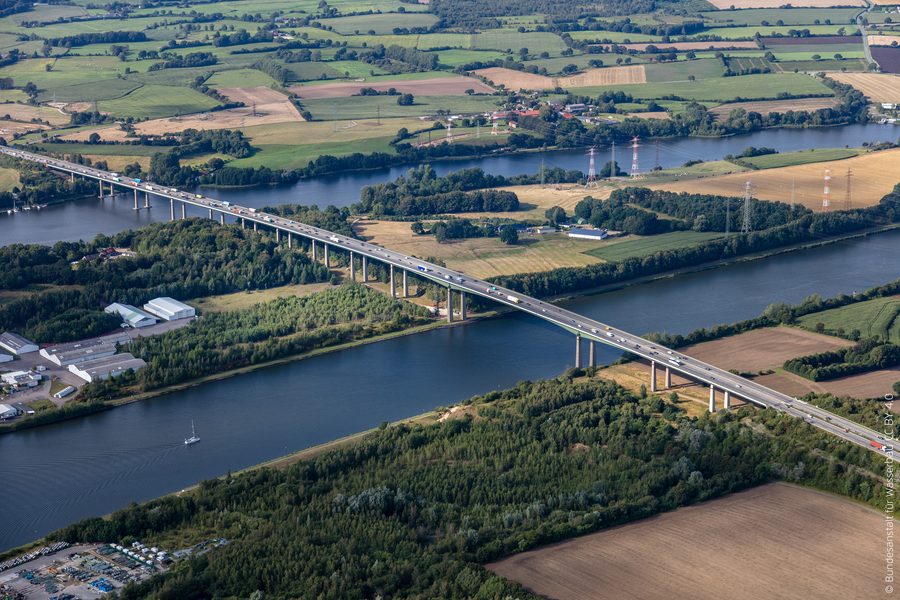 Aerial view of the Rendsburg High Bridge over the North Sea-Baltic Canal near Osterrönfeld