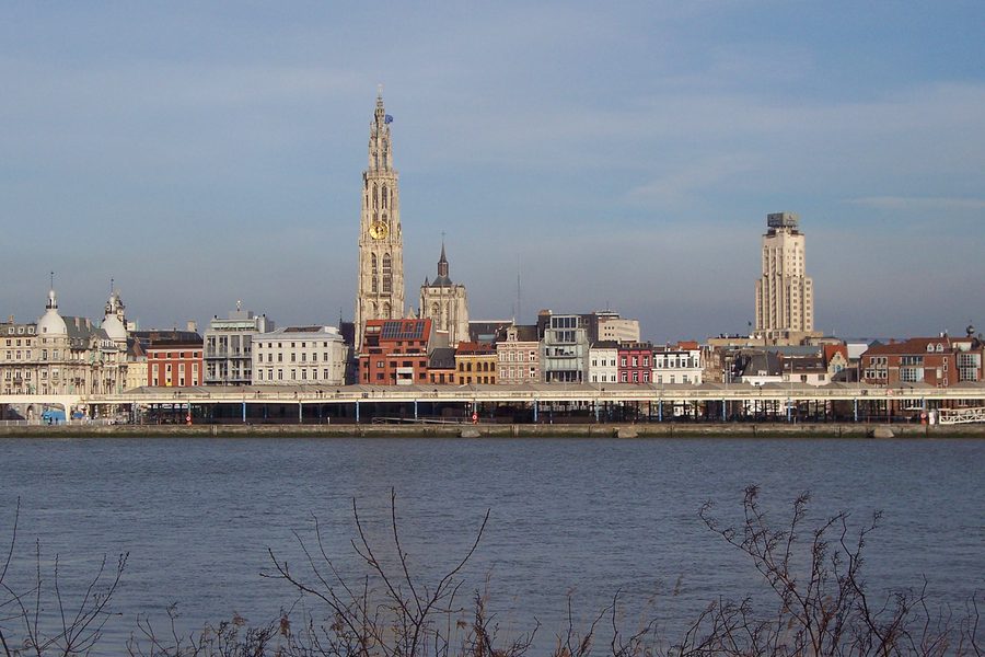 Antwerp riverfront seen across the Scheldt River.